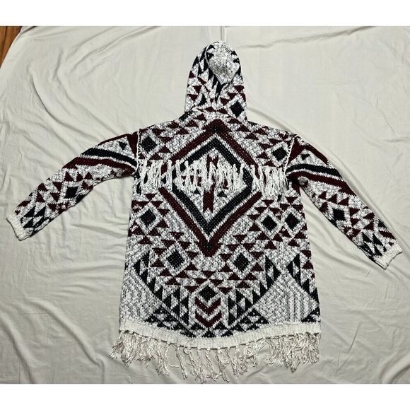 Vintage Aztec Knit Hooded Cardigan Open Front Sweater With Fringe Trim Boho Styl - Picture 4 of 11